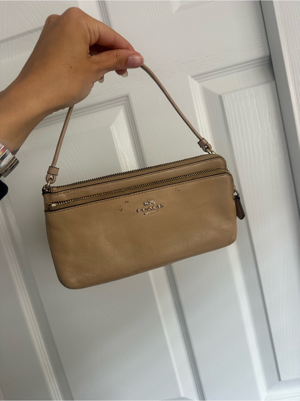 Coach Beige/Tan Leather Mini Wristlet Shoulder Bag